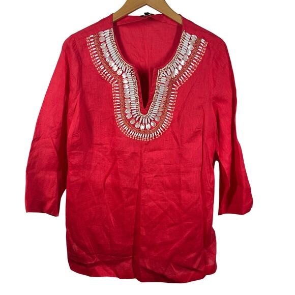 Talbots Top Women M Red Linen Shell Beaded Neck Detail Tunic Beach Spring Coast - Picture 1 of 9